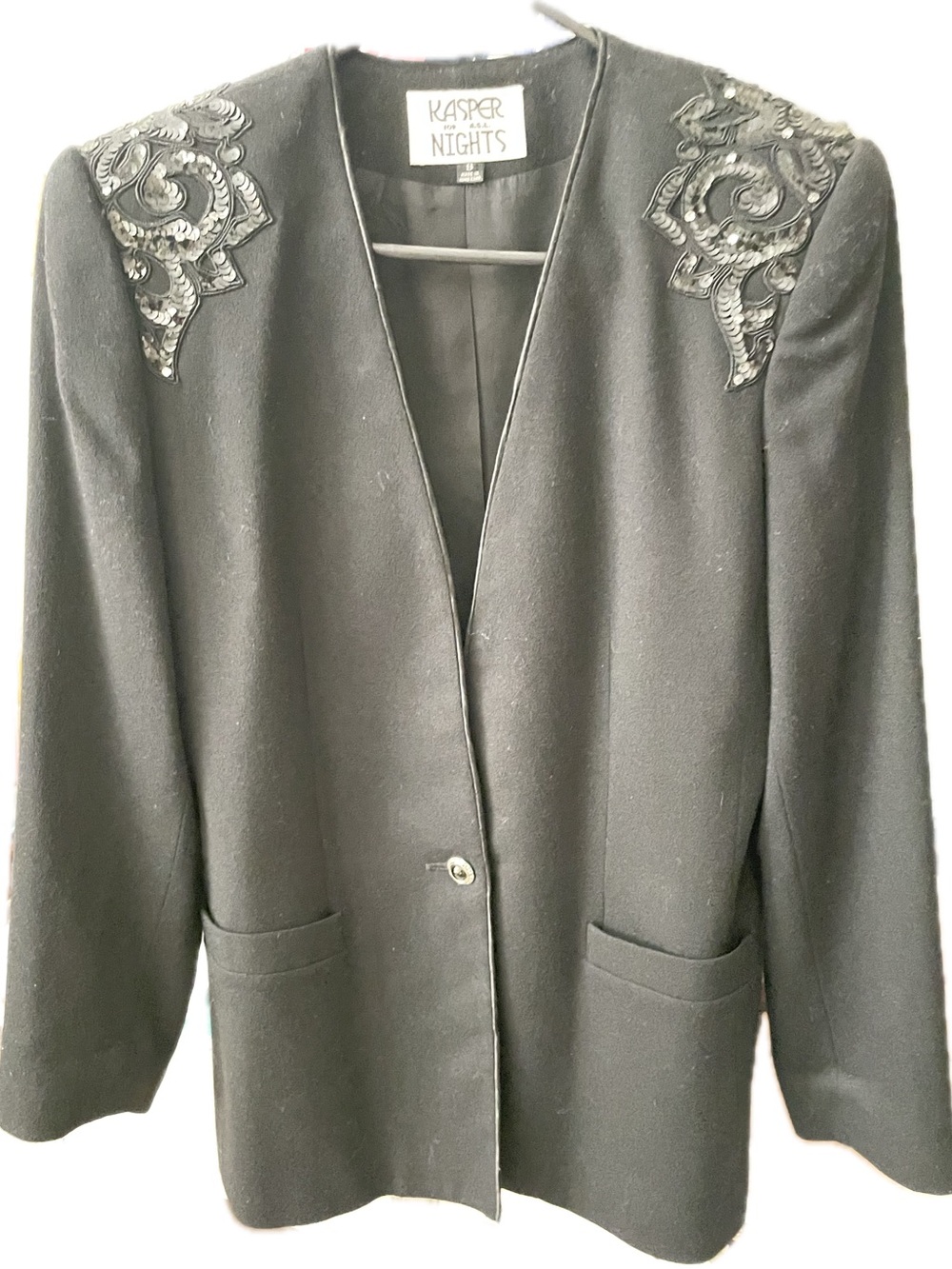 Kasper Nights 100% Wool Black Blazer with Embellished Shoulders 8